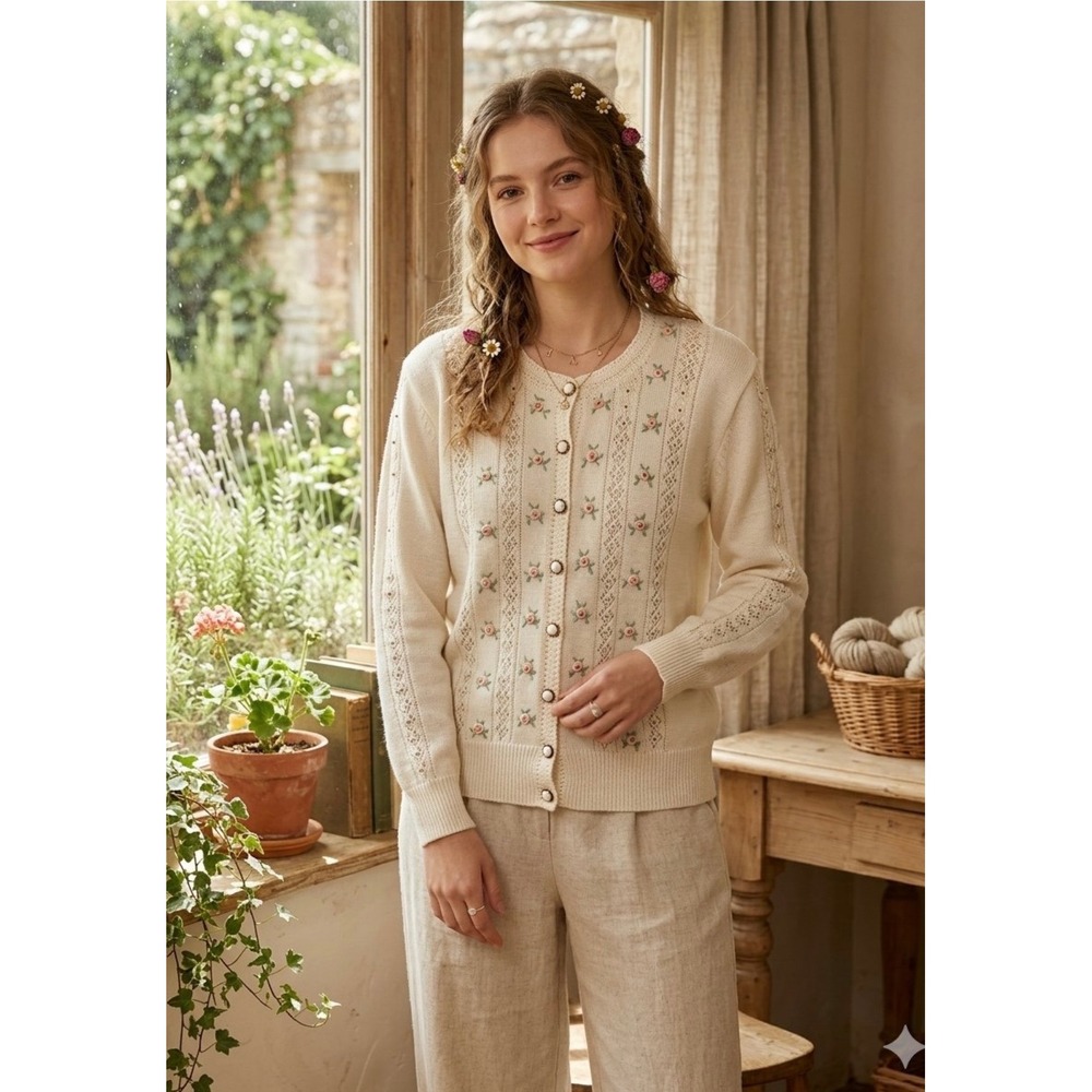 VTG Cottagecore Embroidered Pointelle Knit Cardigan Cream Gold Bead Button Up